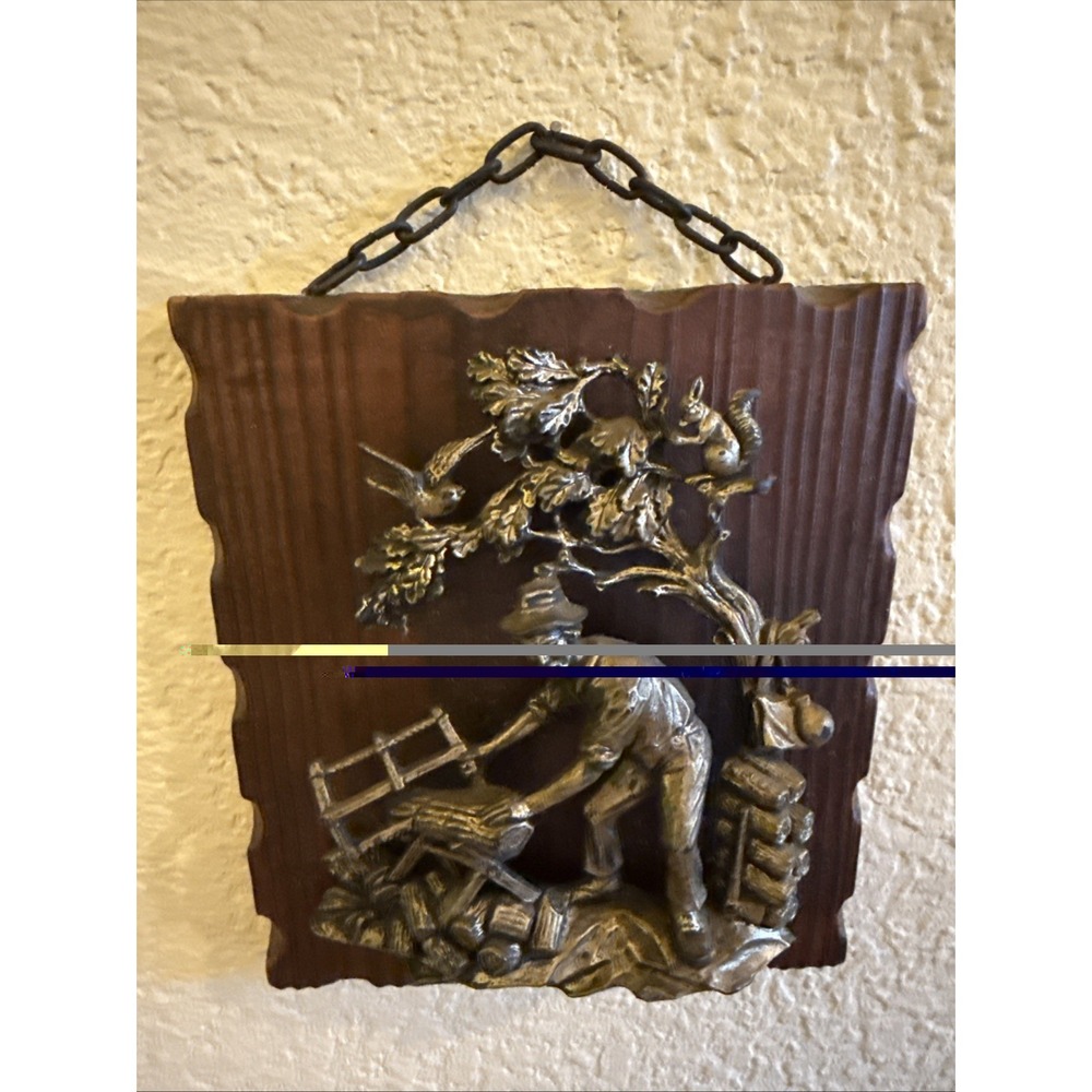 Vintage Wall Plaque Lumberjack Woodworking Relief Copper Finish Hardwood Mount